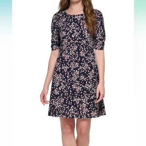 NWT Tommy Hilfiger Floral Navy and Pink Jersey‎ Puff Sleeve Dress Size 4
